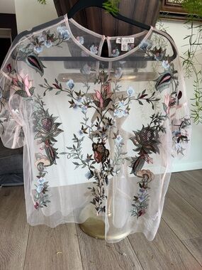 Olive Fox Sheer Embroidered Floral Overlay - Pink with Multicolor Embroidery